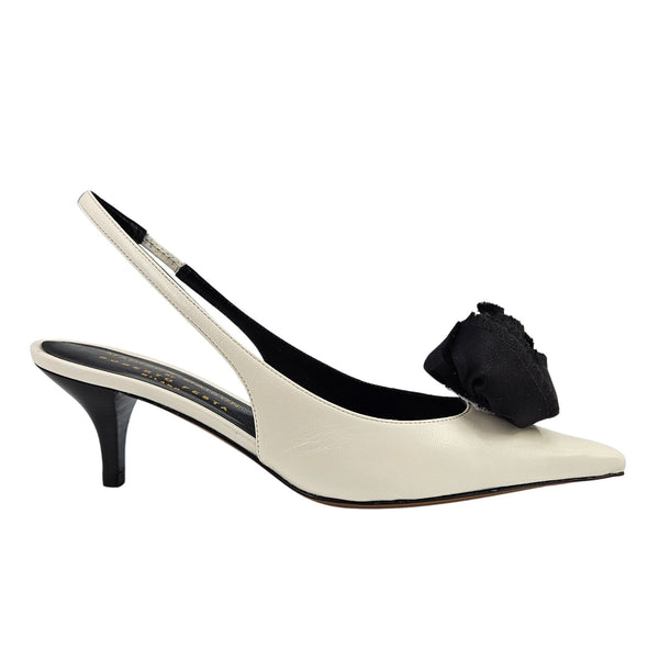 Beige leather slingback kitten heel with black fabric flower accent
