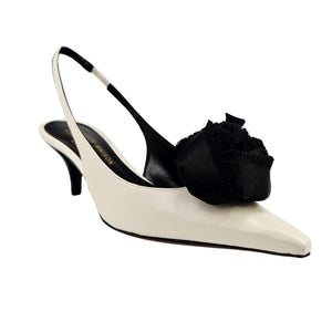 Beige leather slingback kitten heel, side view, with black flower detail
