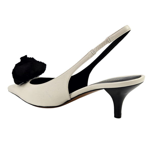Beige leather slingback kitten heel, angled view, black fabric flower applique
