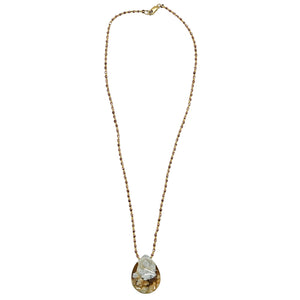 Beige jasper pendant necklace with gold-tone beaded chain and teardrop pendant