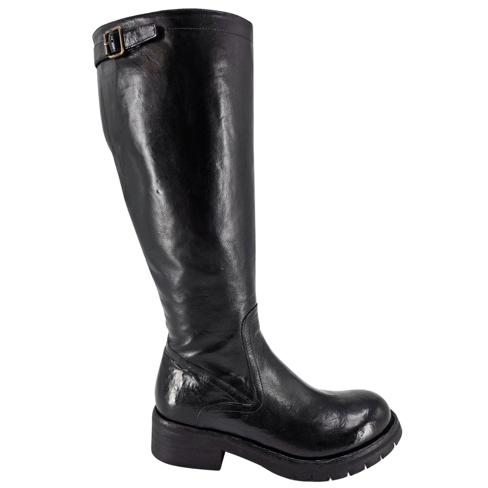 Tall black leather flat boot with buckle strap and rounded toe