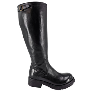 Tall black leather flat boot with buckle strap and rounded toe