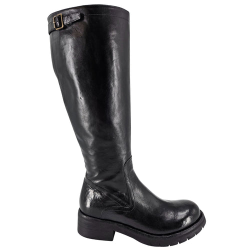 Tall black leather flat boot with buckle strap and rounded toe