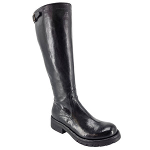 Tall black leather flat boot with wide cuff and stacked rubber sole