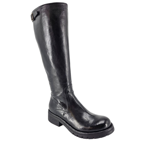 Tall black leather flat boot with wide cuff and stacked rubber sole