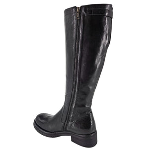 Tall black leather flat boot with side zipper and round toe