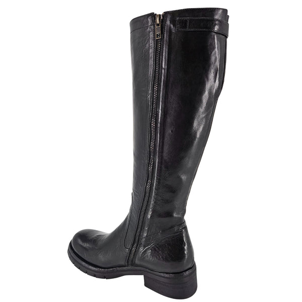 Tall black leather flat boot with side zipper and round toe