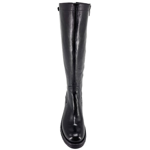 Tall black leather flat boot with glossy finish and minimal stitching