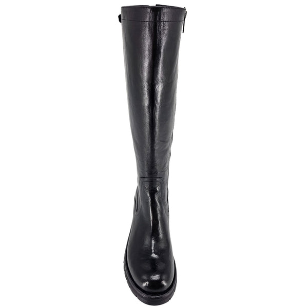 Tall black leather flat boot with glossy finish and minimal stitching