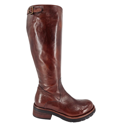 Brown leather tall flat boot, buckle strap, rounded toe.