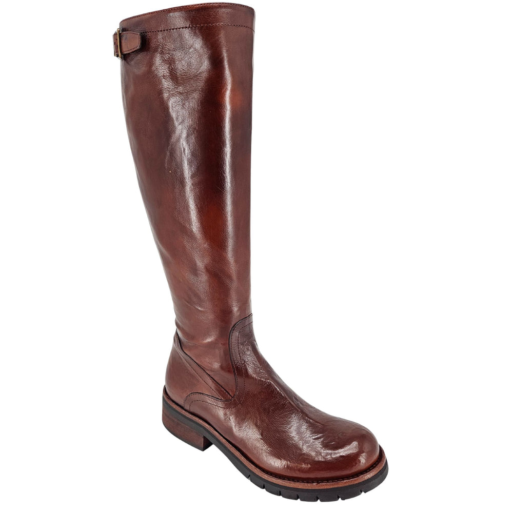 Brown leather tall flat boot, buckle strap, rounded toe.