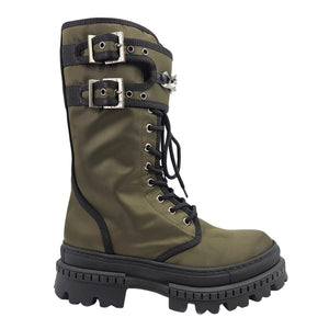 Khaki combat boot with chain-buckle straps, harness detail, and black lace-up shaft.