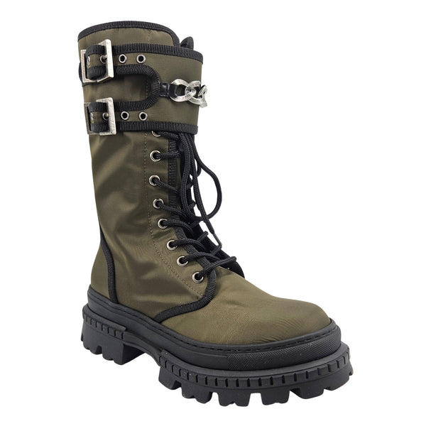 Khaki combat boot with black laces, metal buckle straps, and rugged tread sole.