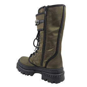Khaki combat boot with side zipper, black lace-up front, and rugged tread sole.
