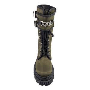 Khaki combat boot with silver chain detail at the ankle and black lace-up laces.