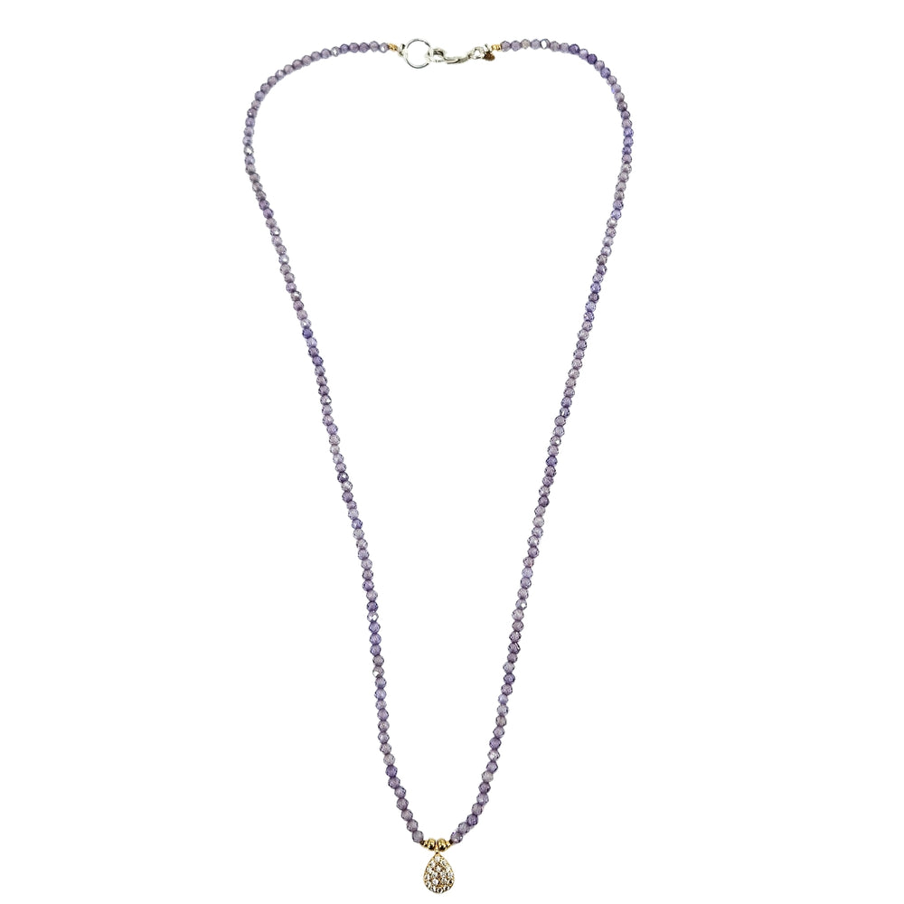 Lavender beaded charm necklace with teardrop faceted pendant and gold-tone clasp