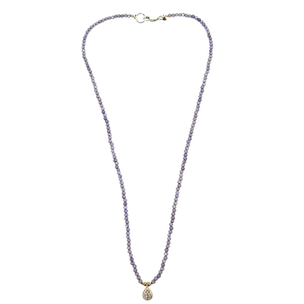 Lavender beaded charm necklace with teardrop faceted pendant and gold-tone clasp