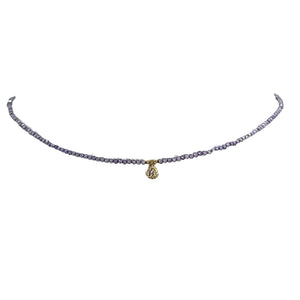 Lavender beaded choker necklace with teardrop pendant center and gold-tone bail