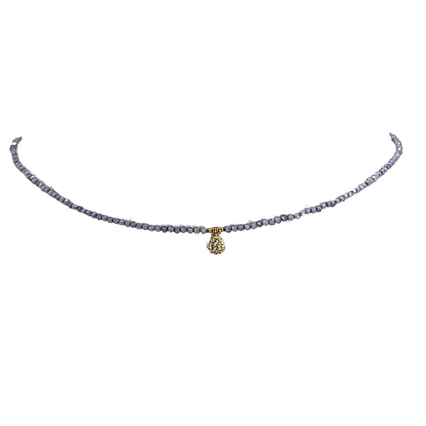 Lavender beaded choker necklace with teardrop pendant center and gold-tone bail
