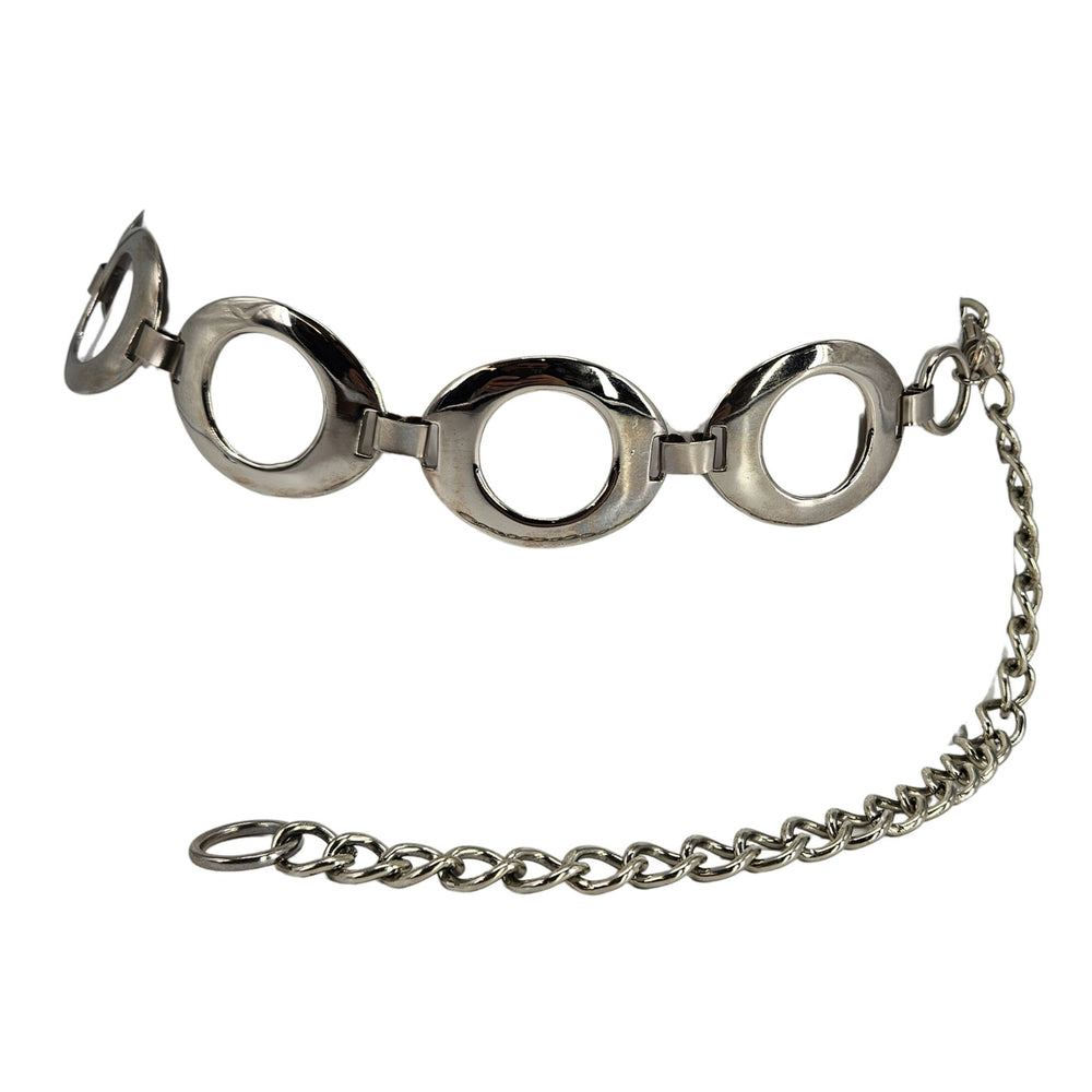 Silvertone vintage chain belt with five large circular link rings and extender chain