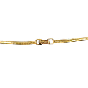 Gold-tone mesh chain necklace clasp close-up with rectangular connector