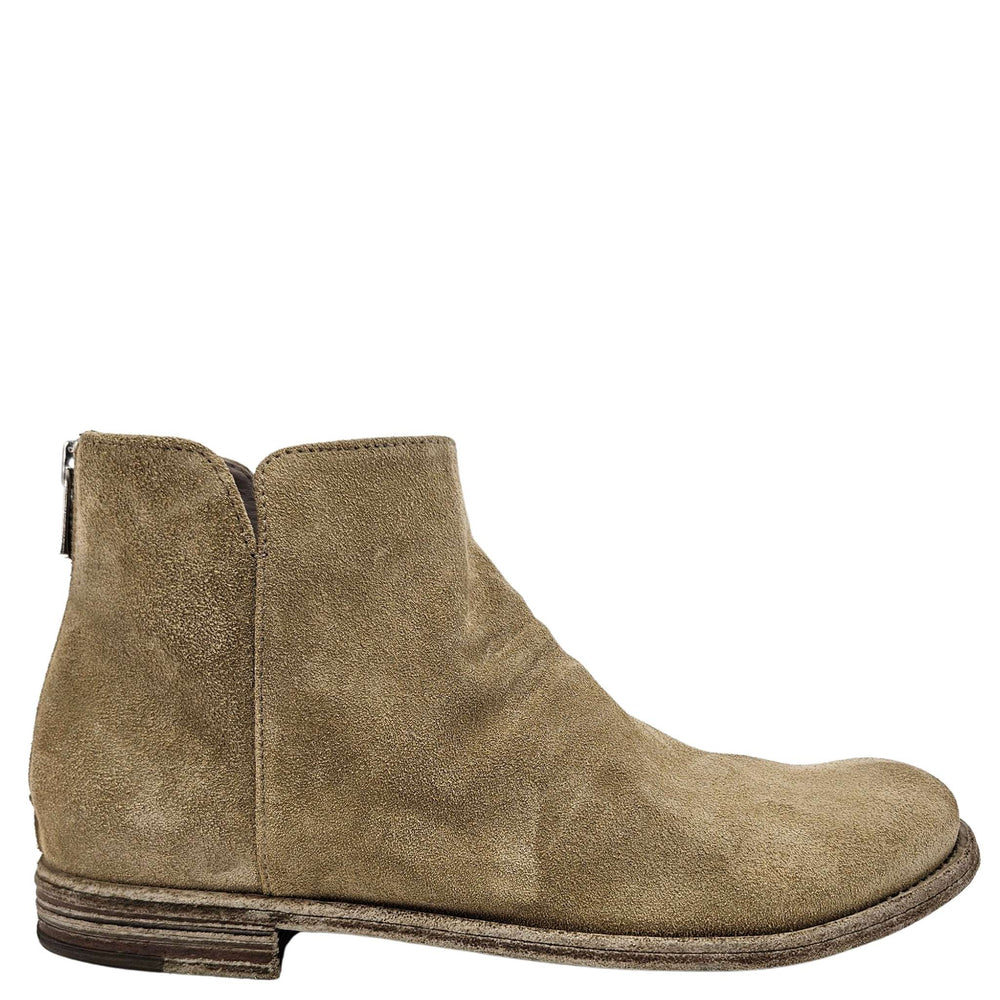 Beige suede ankle boot with side zipper and low stacked heel