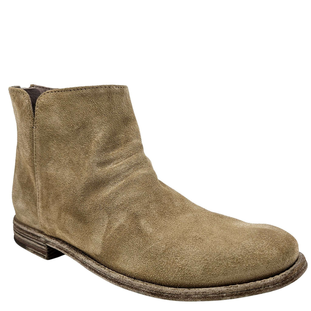 Beige suede ankle boot with side zipper and low stacked heel