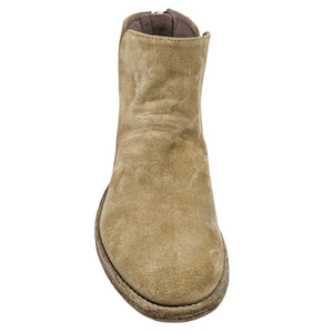 Beige suede ankle boot with rounded toe and soft lining at opening