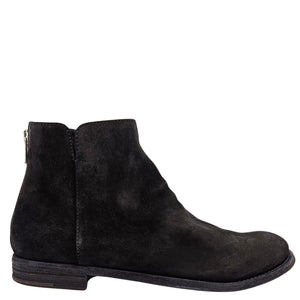 Black leather ankle boot with side elastic panels and low stacked heel