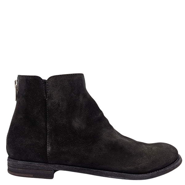 Black leather ankle boot with side elastic panels and low stacked heel