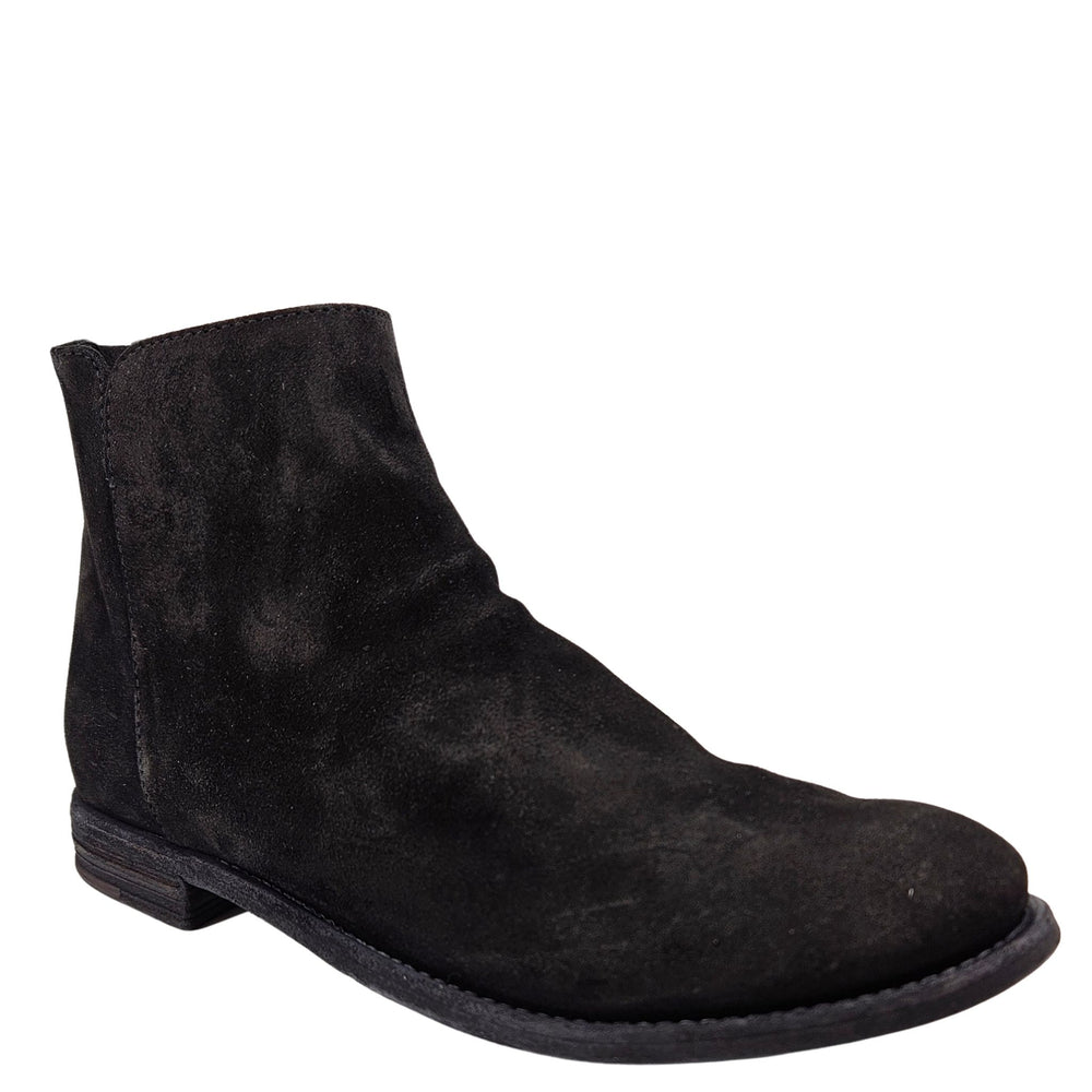 Black leather ankle boot with side elastic panels and low stacked heel
