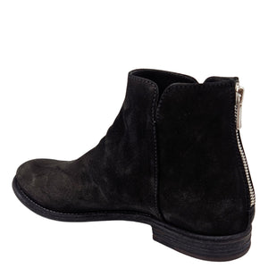 Black leather ankle boot with side zipper and low stacked heel
