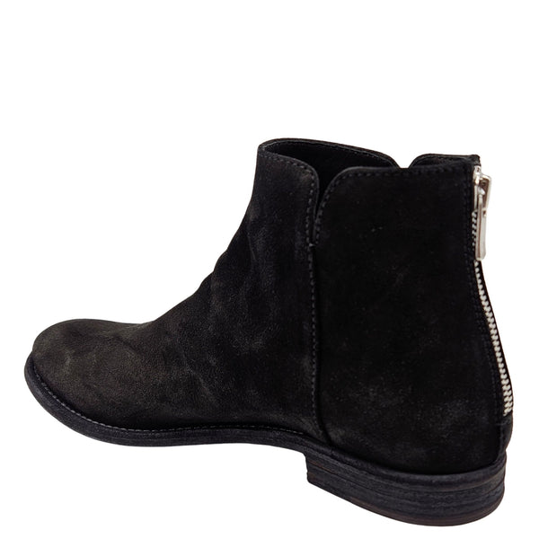 Black leather ankle boot with side zipper and low stacked heel