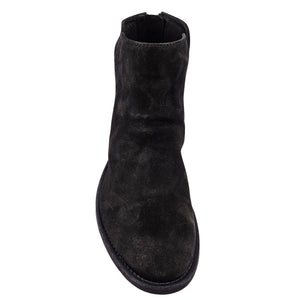Black leather ankle boot with pull-on collar, low stacked heel