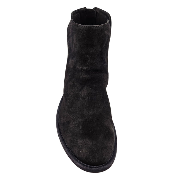 Black leather ankle boot with pull-on collar, low stacked heel