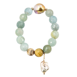 Light blue gemstone stretch bracelet with faceted beads and dangling pearl charm