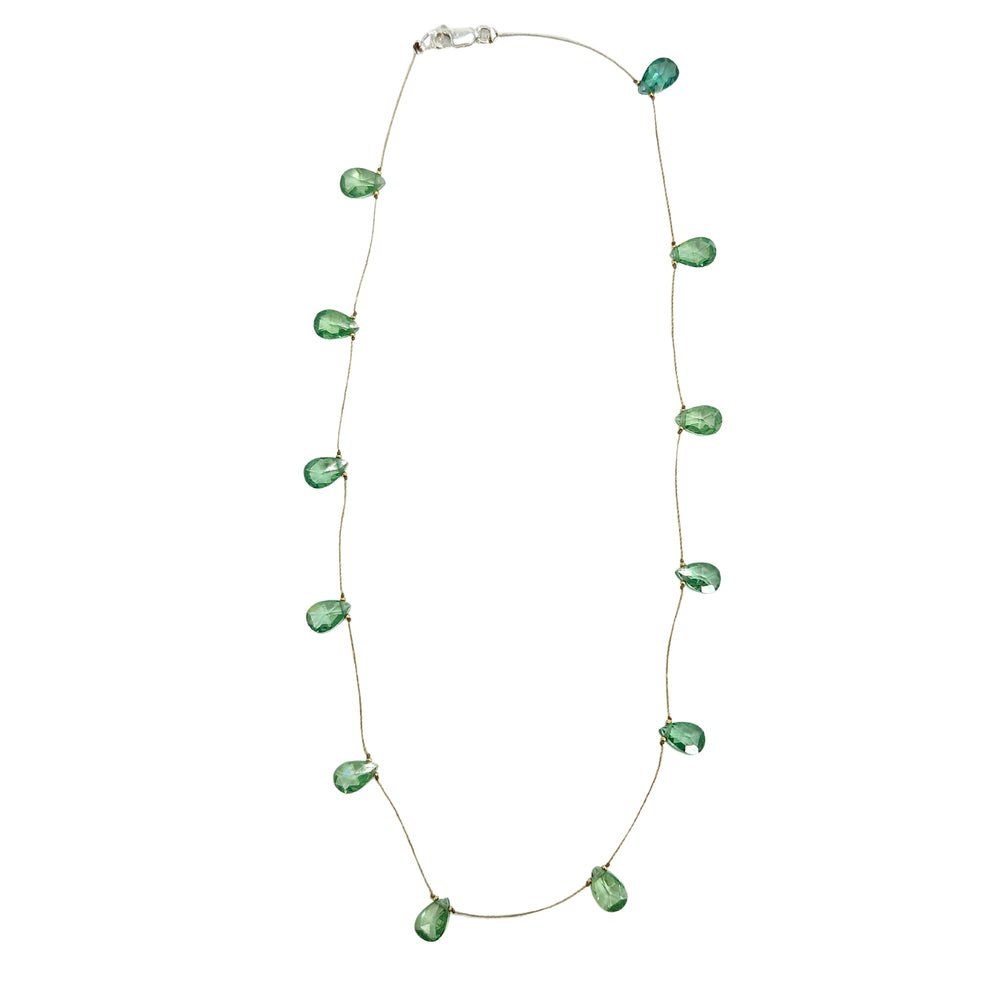 Light green teardrop gemstone station necklace with faceted drops on thin chain