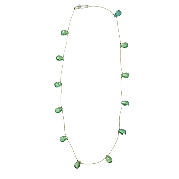 Light green teardrop gemstone station necklace with faceted drops on thin chain