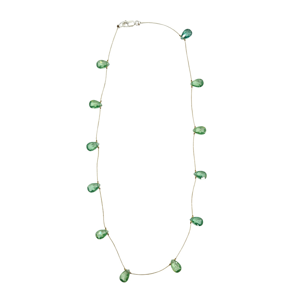 Light green teardrop gemstone station necklace with faceted drops on thin chain
