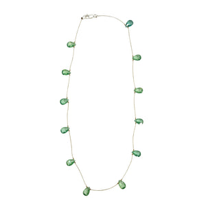 Light green teardrop gemstone necklace, faceted drops spaced along a delicate chain