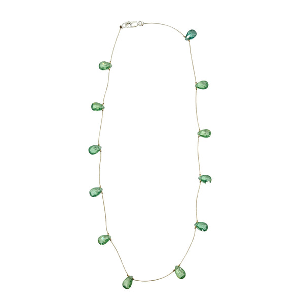 Light green teardrop gemstone necklace, faceted drops spaced along a delicate chain