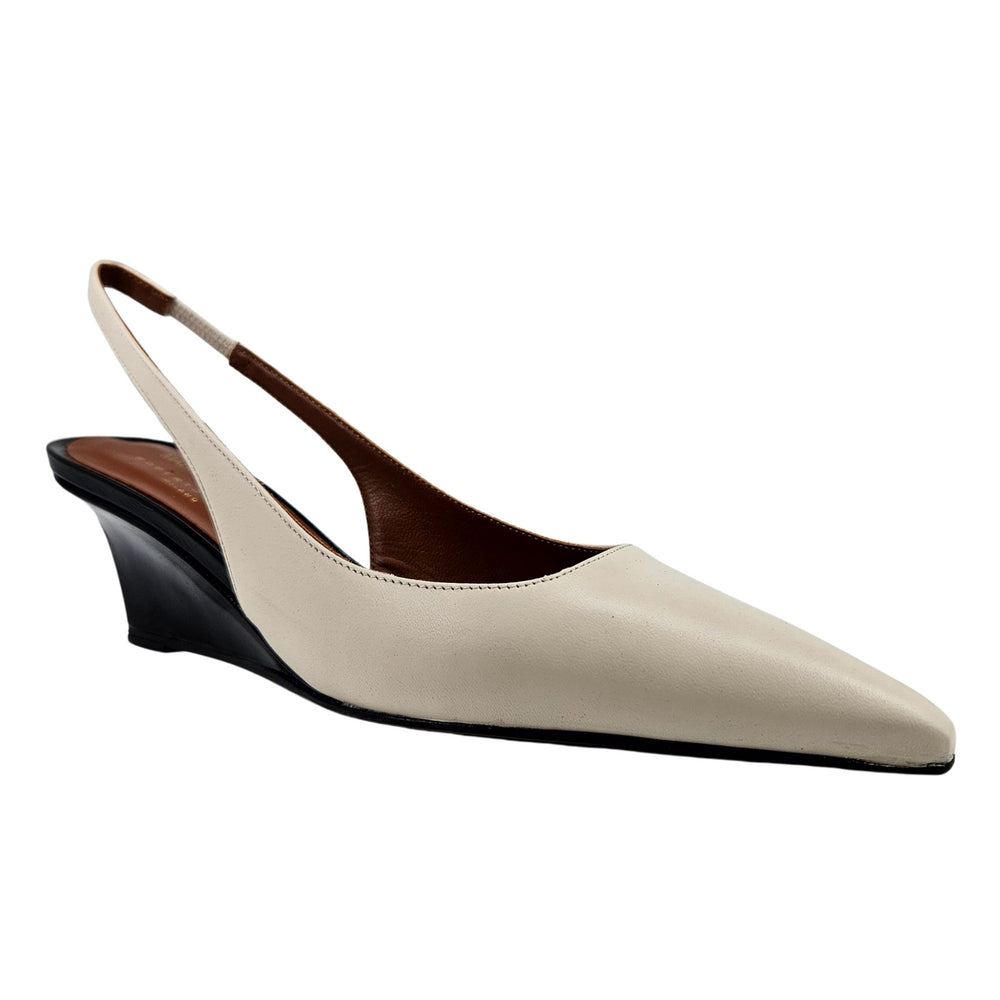 Beige leather slingback wedge heels with pointed toe and black wedge heel