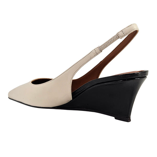 Beige leather slingback wedge pumps, open back with black sculpted heel