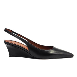 Black leather slingback wedge heel with pointed toe, side view.