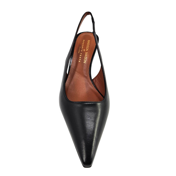 Black leather slingback wedge heel, front detail with slingback strap.