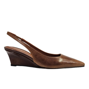 Cognac leather slingback wedge pump with pointed toe and side strap