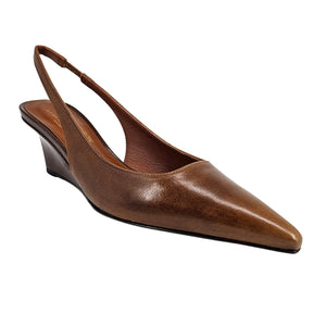 Cognac leather slingback wedge pump with pointed toe and open slingback