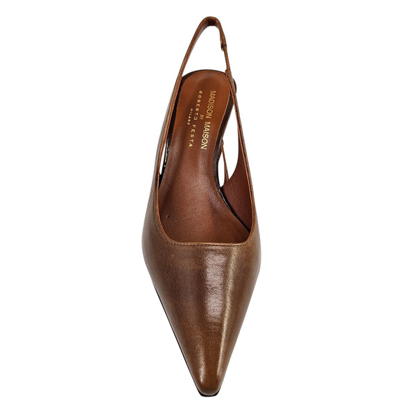 Cognac leather slingback wedge pump with pointed toe and interior lining
