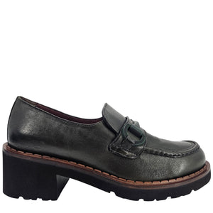 Dark leather chunky lug-sole loafer with strap and stitched moc toe