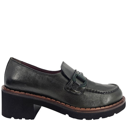 Dark leather chunky lug-sole loafer with strap and stitched moc toe